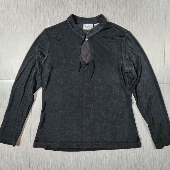 Chico’s Travelers Size 1 Black Collared Keyhole Top Slinkey - Picture 1 of 9
